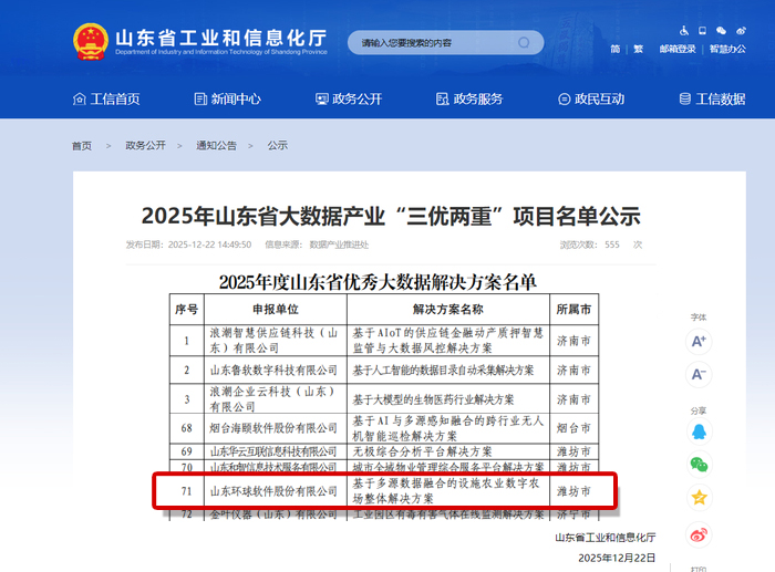 环球软件荣登省级大数据“三优两重”项目榜单  数智赋能设施农业高质量发展